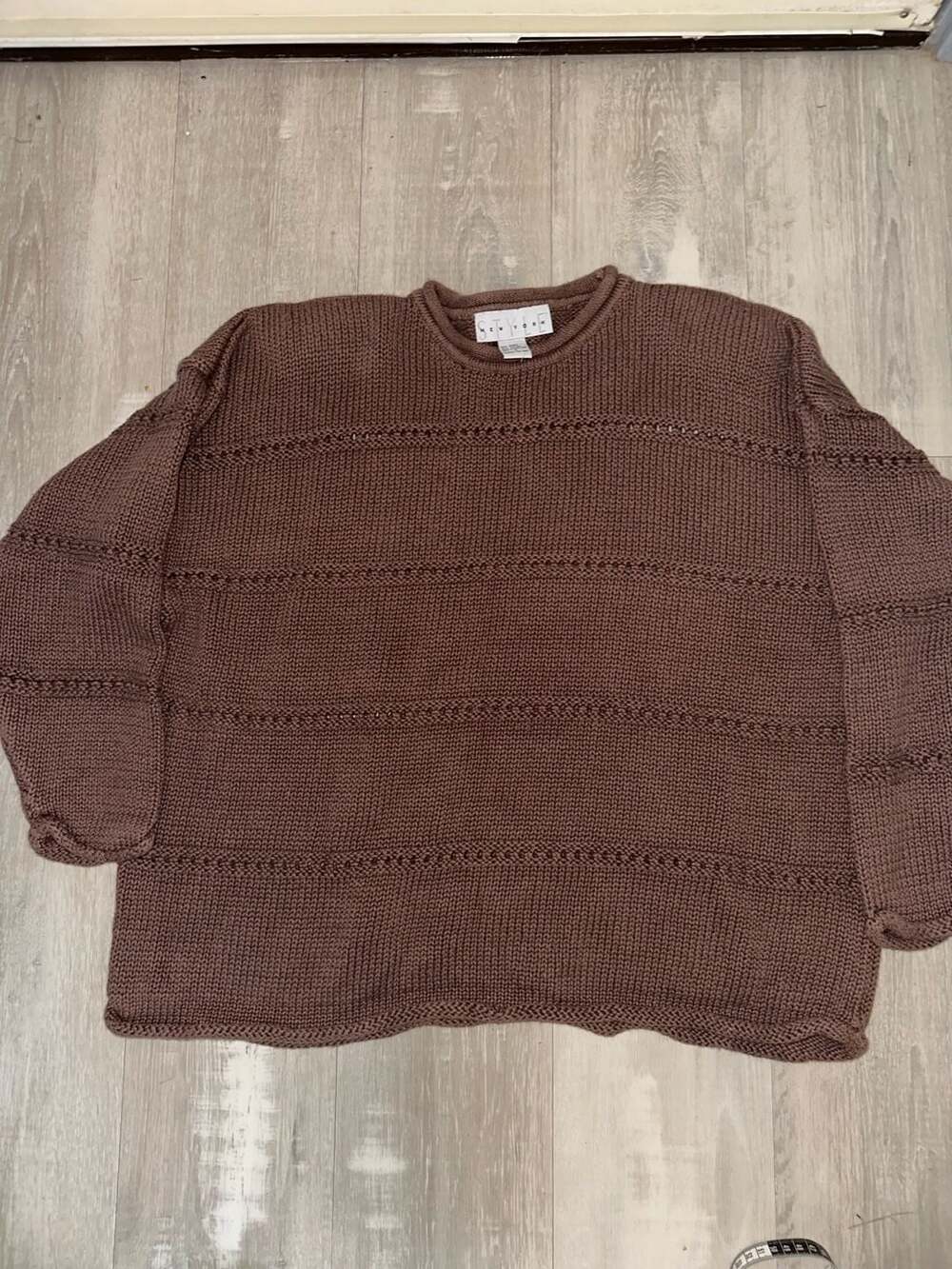 Style New York Vintage 90s Brown Ramie Cotton Striped Open Knit Sweater Medium